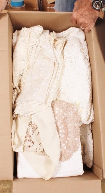 Box Lot: Vintage Crocheted Linens, Some Stains
