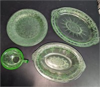 6 Pc. Green Glass Cameo Dish, Plate & Cup
