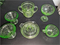 6 Pc Ribbed Green Glass Cup, Juicer, Sorbet, Sugar