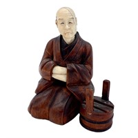 Carved Wood & Bone Okimono of Sitting Man