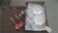 WHITE DISHES/3 PINK GLASS GOBLETS/SERVING PIECES