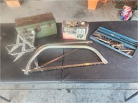Mole trap, bow saws, rack brackets, tool boxes &