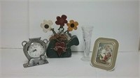 Crystal Vase, Pewter Battery Operated Clock &