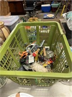 GREEN LAUNDRY BASKET WITH MISCELLANEOUS ITEMS