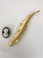 Avon Cameo Brooch pin and Goldtone feather brooch