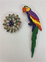 Handmade Shell brooch pin and Macaw plastic