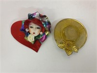 (2) Brooch pins, Gold tone hat with rose and Red