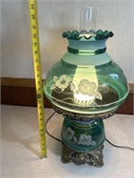 Electric green/blue decorated glass table lamp.