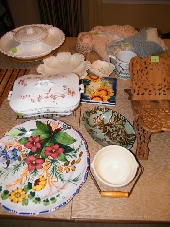 LOT OF CHINA, LAZY SUSAN, PLATE, WOOD BOOK
