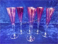 6 Pcs Red Tinted Crystal Champagne Flutes