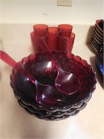 Red Serving Bowls, 5 Hobnail Glasses