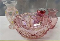 Pink Iridescent Carnival Glass Bowl and More