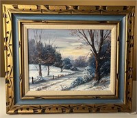 Winter Landscape Acrylic Framed In Gold And Blue