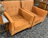 Pair Of Mid Century Orange Upholstered Arm Chairs
