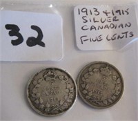 1913 & 1915 Canadian Silver Five Cents Coins