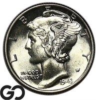 1943-D Mercury Dime, Full Bands, Gem BU FSB