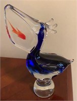 Murano Blown Glass Pelican with Fish Sculpture