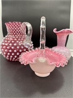 Fenton White with Pink and clear ruffles