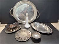 Silver-Plated Serving Pieces and Milk Glass Bud Va