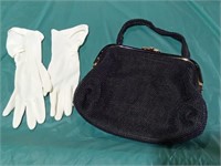 Vintage Black Beaded Purse and Pair of Gloves
