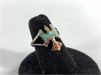 Old silver, turquoise and coral pawn ring, size 6