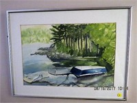 Signed water colour row boat by the river