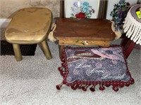 Group of foot stools and wall decorative items