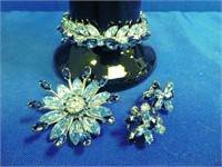 Sherman Blue Crystal Bracelet, Brooch,& Earrings ,