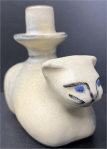 Signed North Eagle Studio Pottery Cat Candlestick