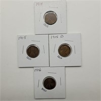 4- WHEAT PENNIES: 1914, 1915 P & D & 1916