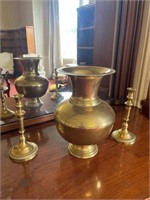 Heavy Brass Vase and a Pair of Brass Candle