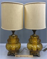 2 Amber Glass Table Lamps MCM Style