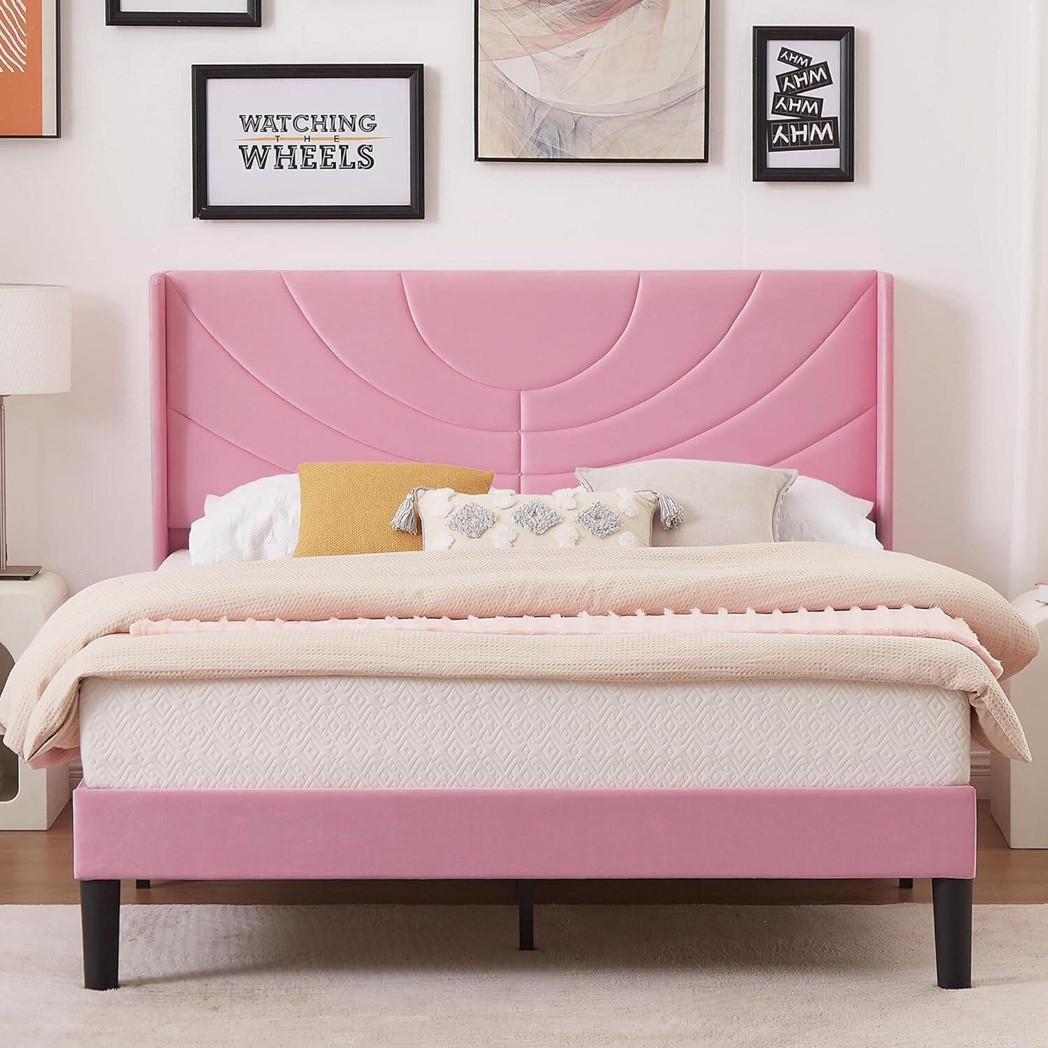 VECELO Full Size Upholstered Bed Frame  Pink Full