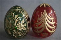 Russia Faberge Green and Ruby Glass Egg Ornaments