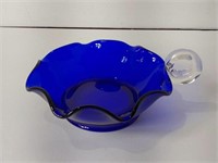Vintage Cobalt Blue Candy Dish W/Clear Handle U16A