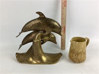 Brass Dolphin Sculpture and ceramic mini pitcher