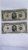 (2) $5 Blue Seal Silver Certificates, 1934