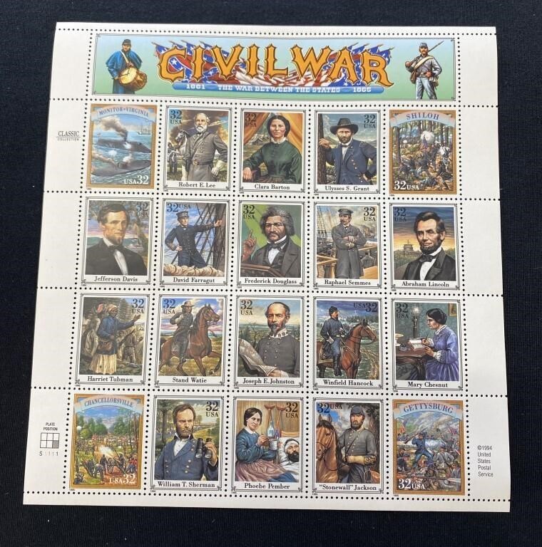 (20) Sheet of US Civil War Postage Stamps