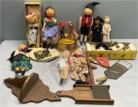 Antique Doll; Puppet & Wood Decor Lot