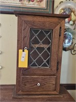 EARLY OAK HANGING CABINET W/LEADED GLASS DOOR