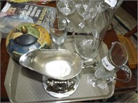 3 Crystal Serving Pcs. Sp Gravy Boat W/ Stand & Co