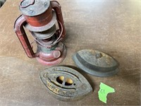 Antique Cast Iron Irons Presses with Dietz Lantern