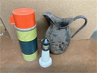 Metal Pitcher, Avon Lighthouse, and Metal Thermos