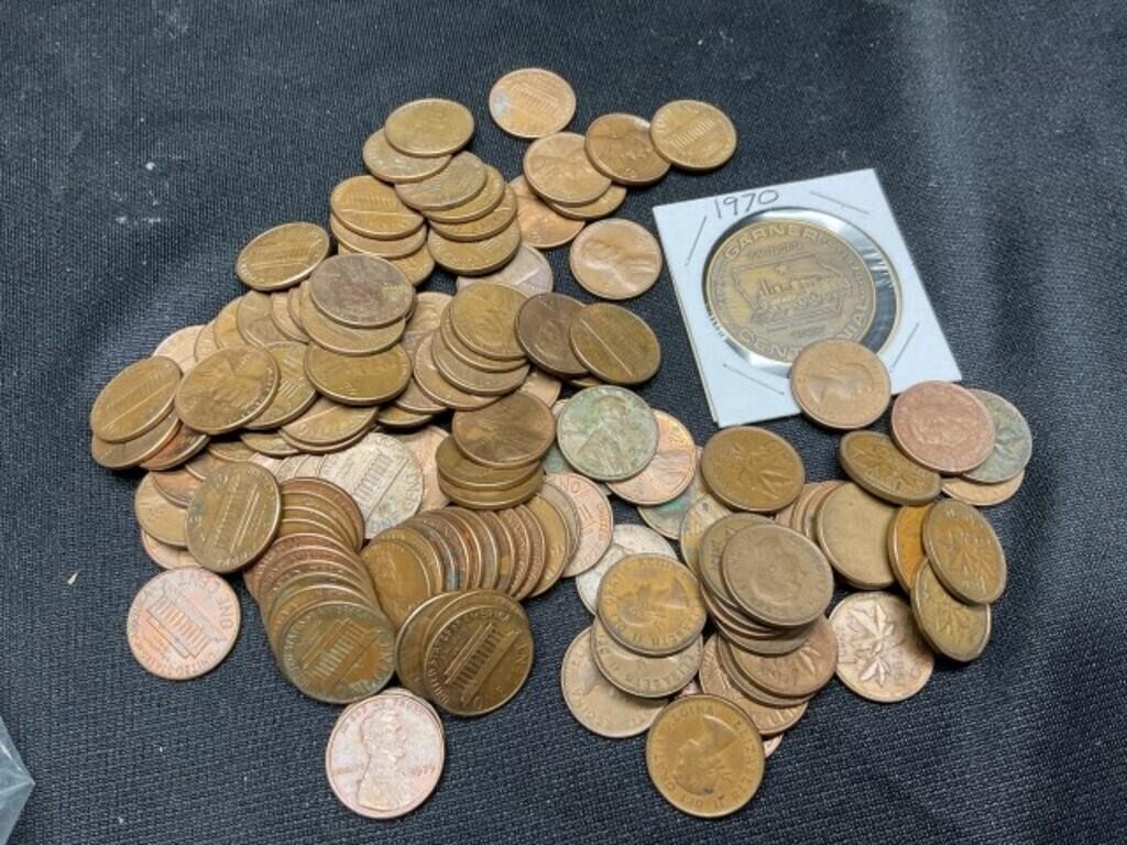 Bag of 70's pennies, Foreign Coins & Medal