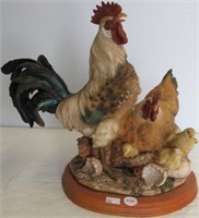 Resin Chicken Family Statue on Wood Base.