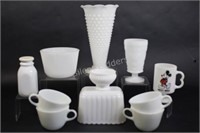 Hobnail Milk Glass Vases, Butter Lid, Micke Mouse