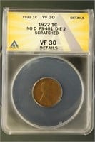US Coins 1922 Plain FS401 Die 2 Lincoln Cent VF30