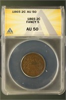 US Coins 1865 Two Cent Piece Fancy 5 AU50 ANACS