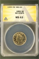 US Coins 1883 No Cents Liberty Nickel MS63 ANACS