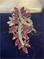 14K White Gold Ruby Leaves and Diamond Veins Ring